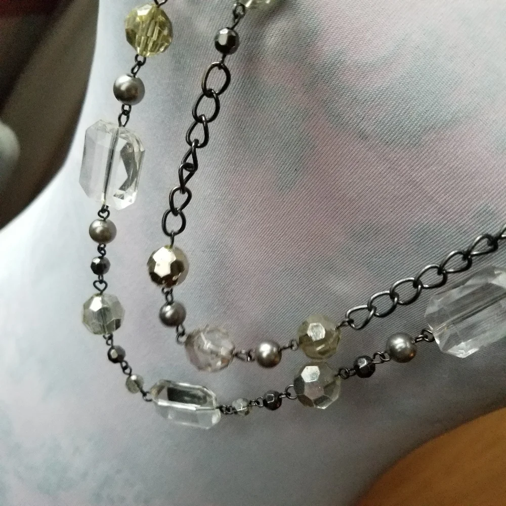 Long chunky necklace two strand dark silver tone
